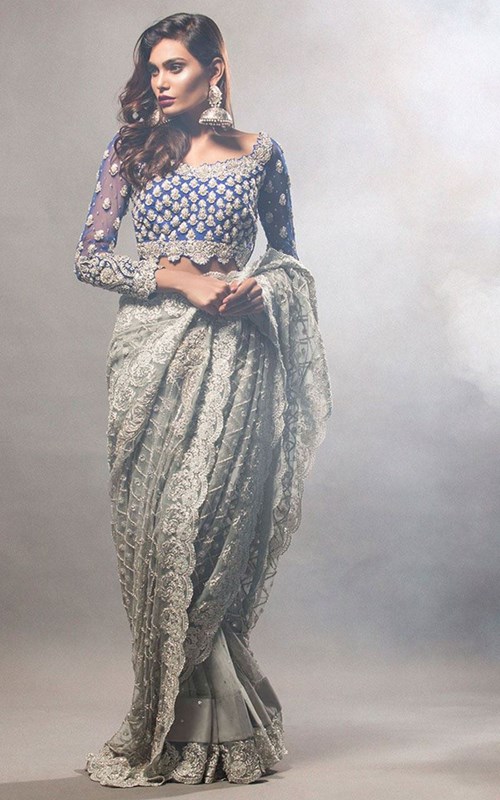 Grey Sari with Cobalt Blue Blouse -Zainab Chottani 