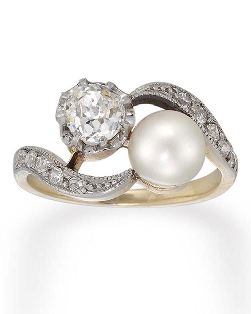 Edwardian pearl and diamond crossover ring