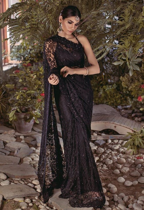 Black Chantilly Lace Saree – Asim Jofa