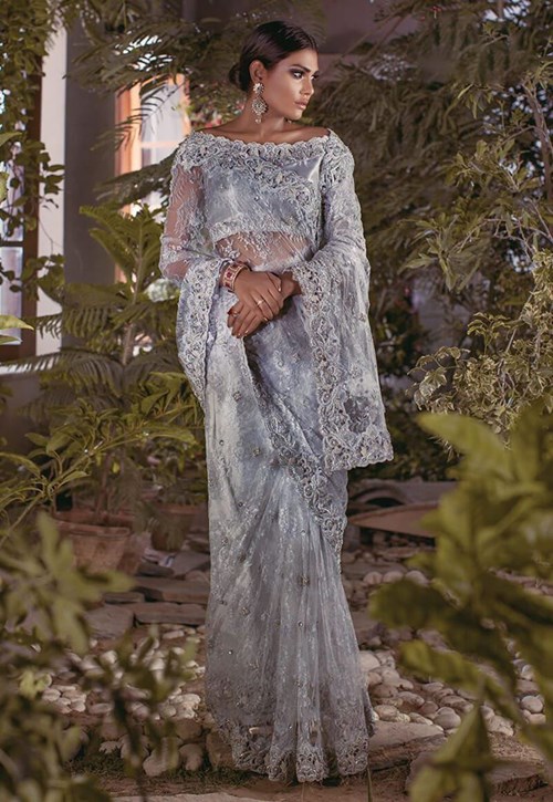 Silver Grey Chantilly Lace Sari – Asim Jofa