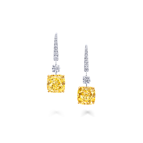 Cushion Cut Yellow and White Diamond Earrings