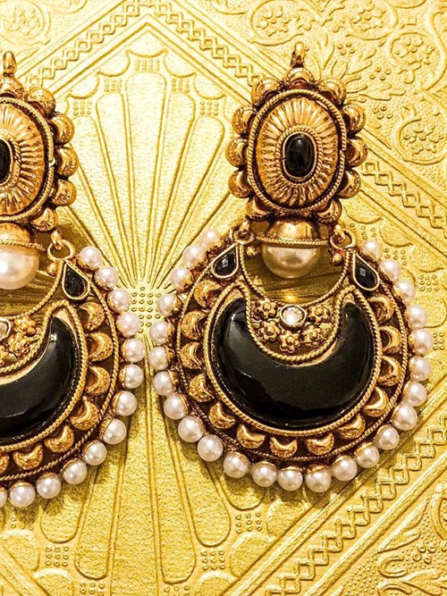 Gold Plated Black Chand Bali Earrings