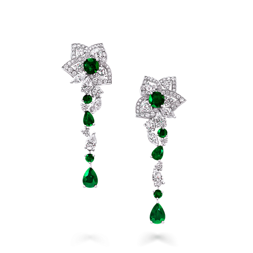 Emerald and Diamond Peony Flower Drop Earrings