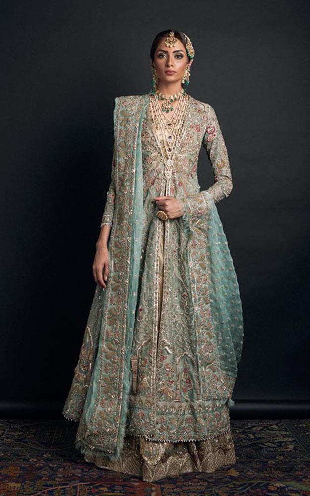 blue and red bridal dress pakistani