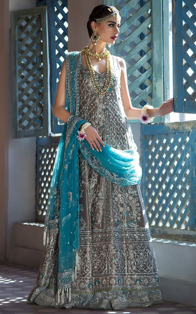 blue and red bridal dress pakistani