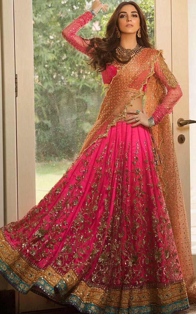 red and skin bridal lehenga