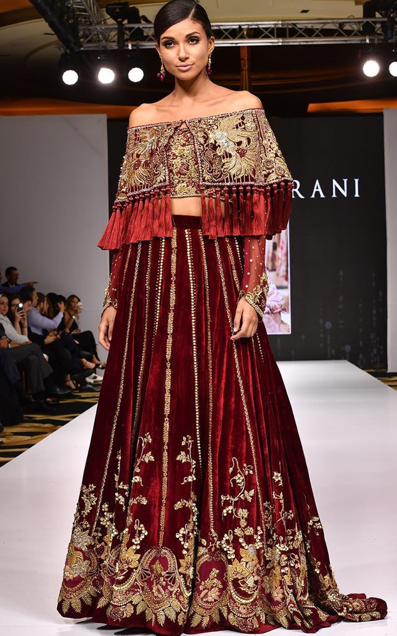 Pakistani Reception Wear - Crimson Lehenga Shirt - Dupatta