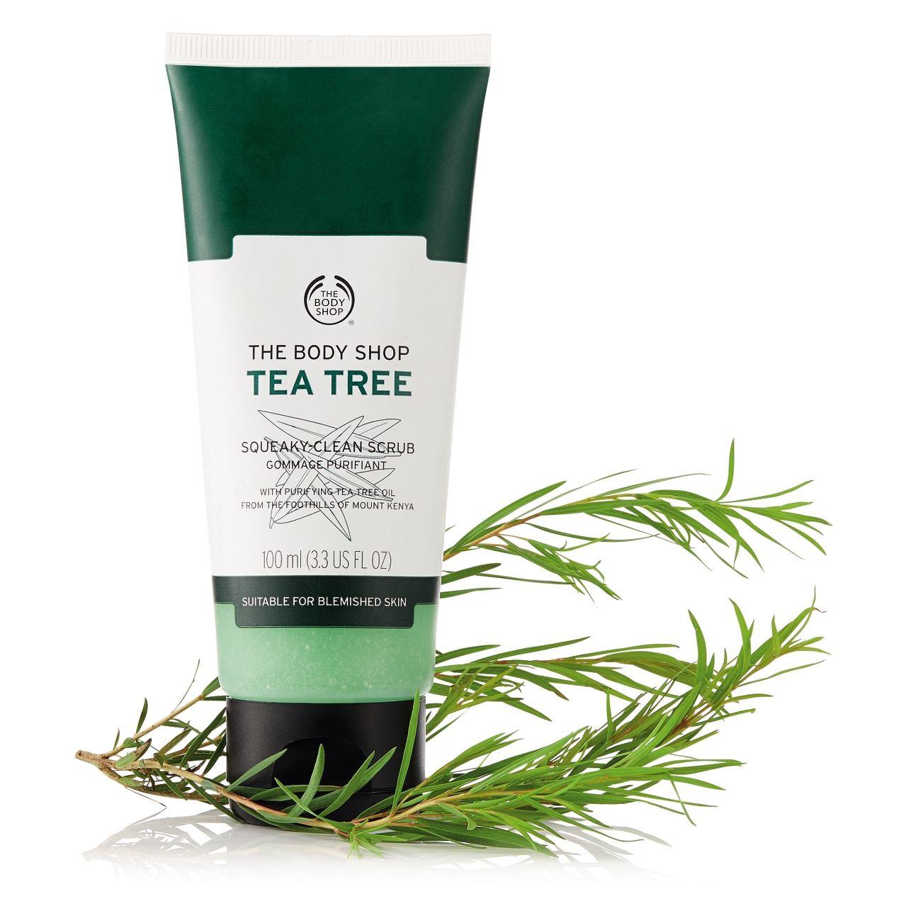 Чайное дерево в косметике. The body shop Tea Tree Squeaky clean Scrub. Боди шоп чайное дерево скраб. Скраб для лица Tea Tree. Экстракт чайного дерева.