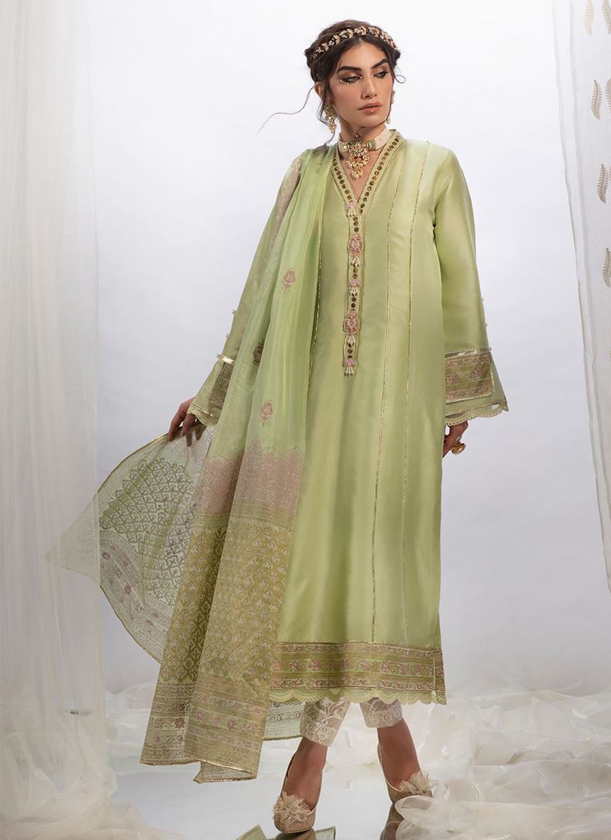 TRADITIONAL GREEN RAW SILK SHIRT WITH DUPATTA