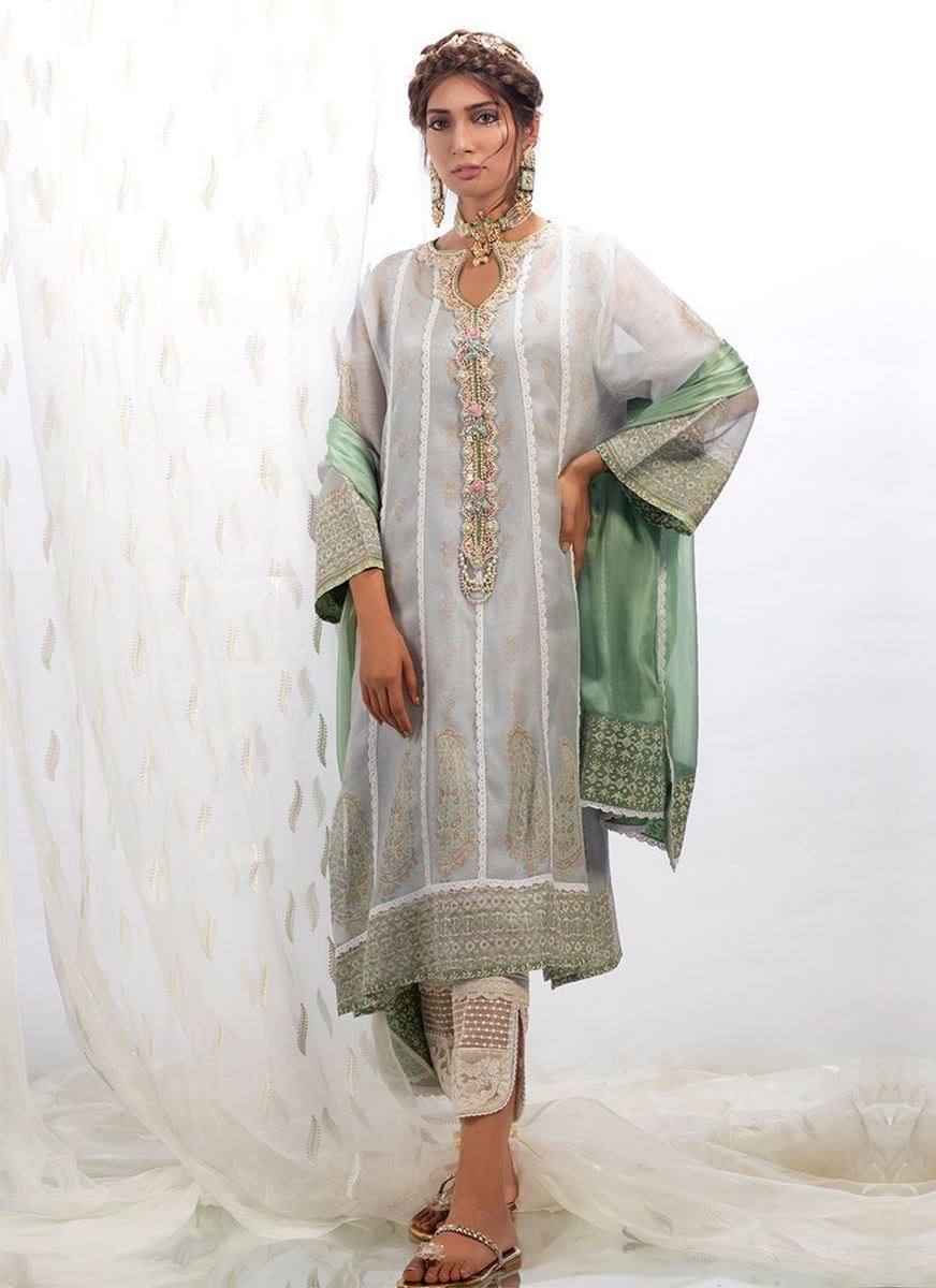 Farah Talib Aziz. April Ivory Cross Stitch Cotton Net Shirt and Dupatta