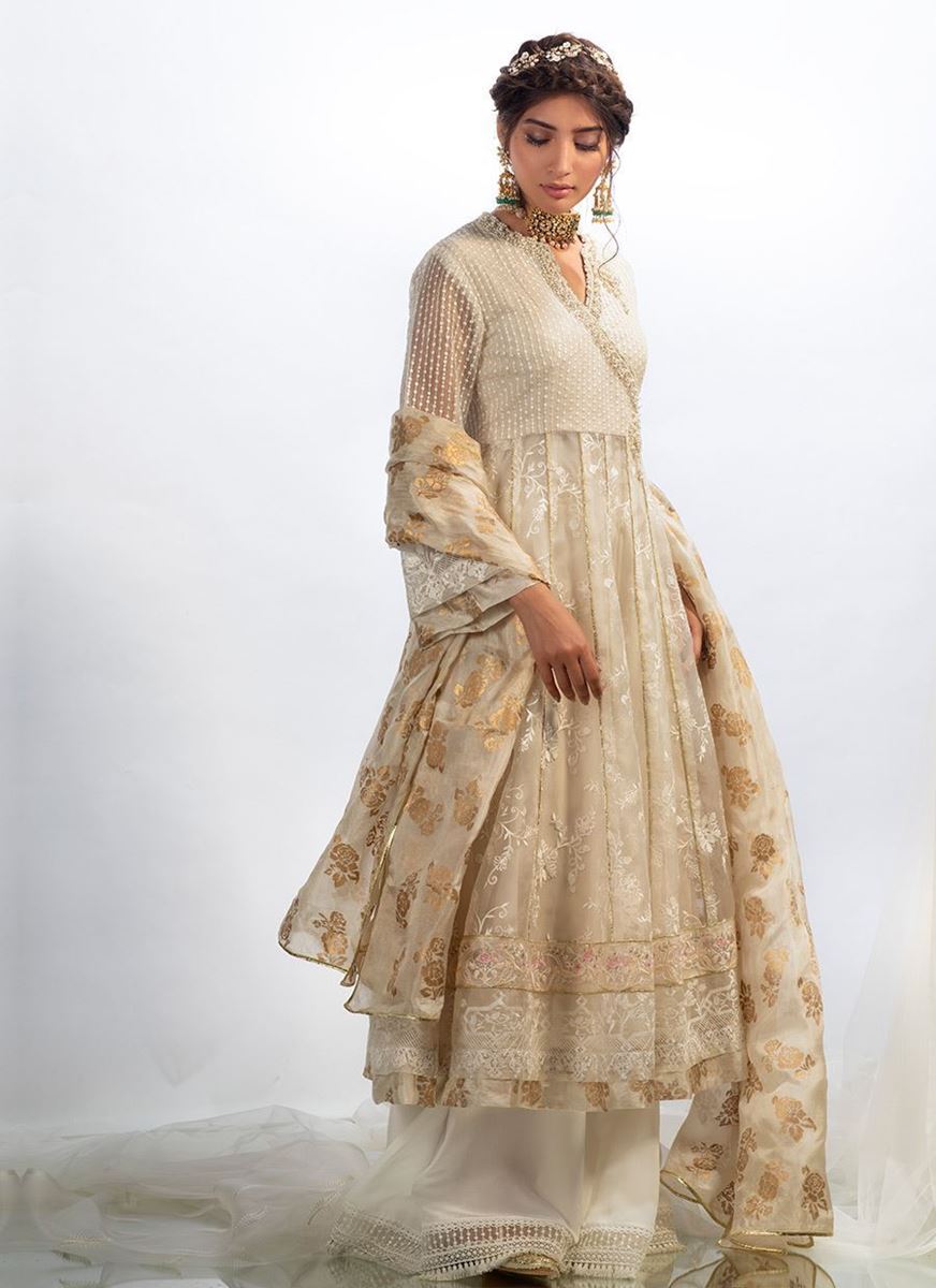 Farah Talib Aziz. April Ivory Cross Stitch Cotton Net Shirt and Dupatta