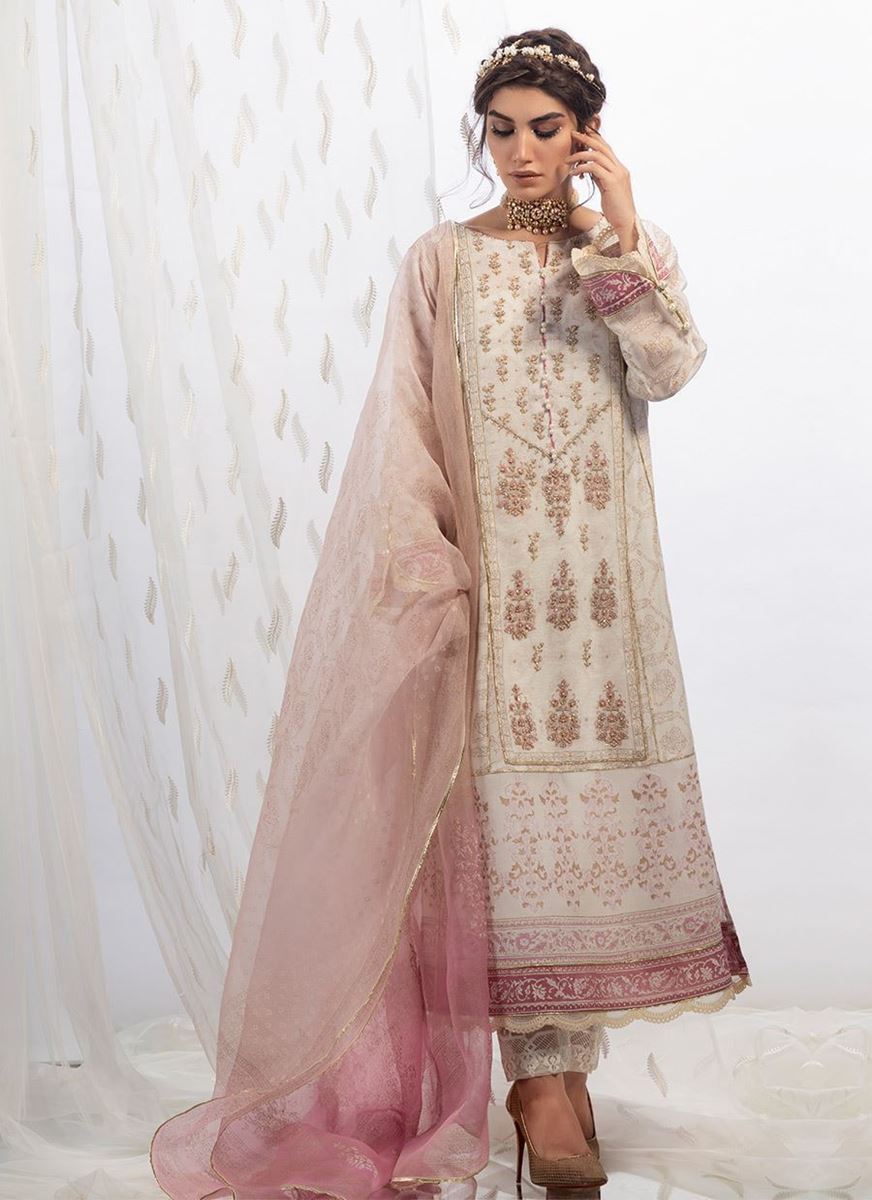 IVORY ROSE COTTON NET SHIRT WITH DUPATTA